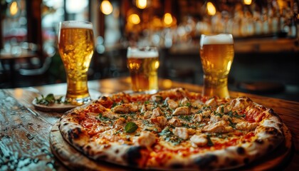a freshly baked pizza with visible toppings sits alongside three glasses of golden beer on a rustic wooden table in a warmly lit pub setting.