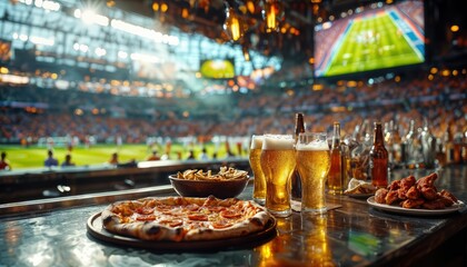 a vibrant scene of game day with pizza, beer, and fries displayed on a bar counter overlooking a bustling stadium filled with fans.