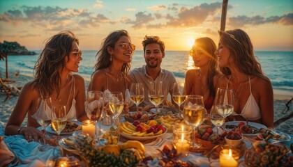 a group of friends share a vibrant meal and wine at a beautifully set table on a tropical beach during a stunning sunset.
