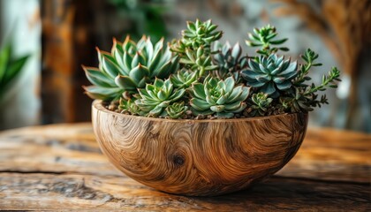 a lush arrangement of vibrant green succulents thrives within a beautifully crafted wooden bowl, resting on a rustic wooden surface.