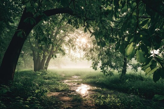 Sunlit path in a misty forest