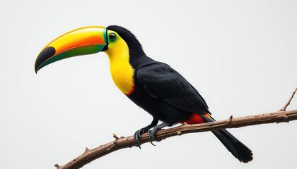 Fototapeta premium A brightly coloured straight beaked toucan sits on a tropical branch against a background of pure white. A clear profile shot showing a huge iridescent beak with orange, green and yellow hues