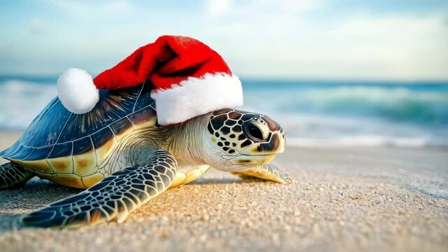 turtle in a Santa hat on the background of the beach 