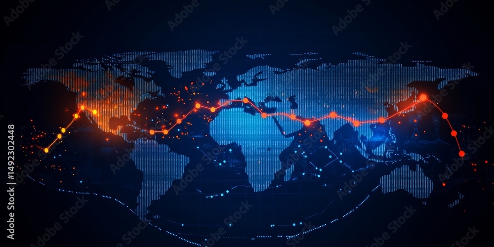 Aufkleber global market trends world map with interconnected nodes and lines on a dark background