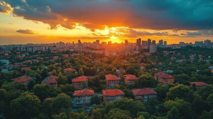 Sunset over city skyline