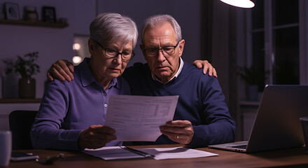 Senior couple reviewing finances together late at night showing support and concern