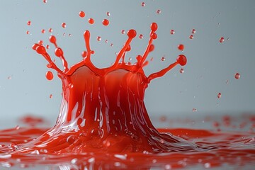 Dynamic crown of vibrant red liquid creates a splash with droplets on a reflective surface.