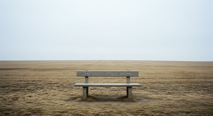 Solitary Bench on a Foggy Beach A Minimalist Seascape Photograph