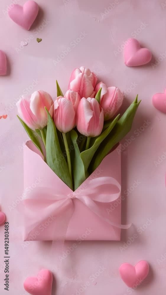 Poster beautiful pink tulips arranged in a pink envelope, adorned with a delicate ribbon, rest on a pink ba