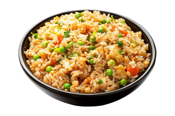 Fried rice with peas, scrambled eggs, red bell peppers, and beef pieces in ceramic bowl isolated on white transparent background, concept of Asian cuisine