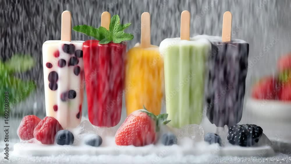 Poster white plate with a variety of fruit and ice cream on it. the ice cream is in the shape of a stick an