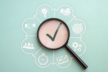 Quality Assurance and Certification Compliance Concept. A magnifying glass with checkmark surrounded by business icon, symbolizing quality assurance, compliance, and certification. certified document,