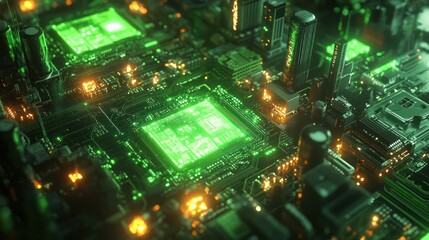 Glowing Green Microchip Circuit Board, Technology Background
