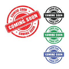 Coming Soon Grunge Stamp Set – Red, Black, Green, and Blue Circular Vector Badges