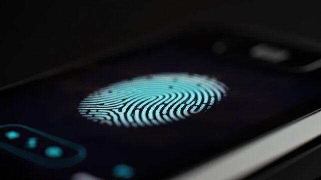 A close-up view of a finger scanning a fingerprint sensor on a smartphone illuminated by a golden glow. The activity takes place during the night, showcasing advanced security features.