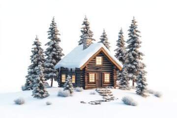 Naklejka premium Cozy log cabin nestled amongst snow covered pine trees in winter landscape. use cases: holiday, travel, christmas, vacation.