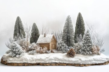 Winter diorama of a log cabin in a snowy forest setting for holiday decorations and miniature scenes