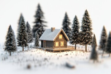 Cozy cabin in winter wonderland with snowy trees, for holiday cards and winter themed designs.