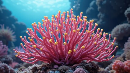 Fototapeta premium Vibrant Pink Coral with Yellow Tips Flourishing Underwater in a Colorful Marine Ecosystem