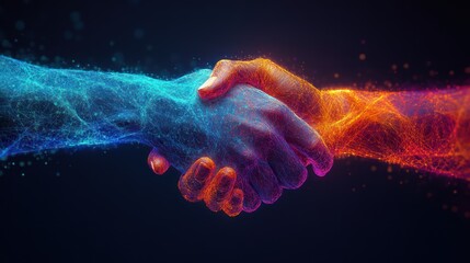 Digital handshake, partnership, glowing, abstract, dark background, technology, collaboration