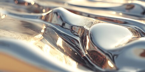 Fototapeta premium The texture of shiny liquid metal in a silver gray color with noticeable highlights and shimmers is captured in close detail, serving as a promotional backdrop on the web, generated through 3d