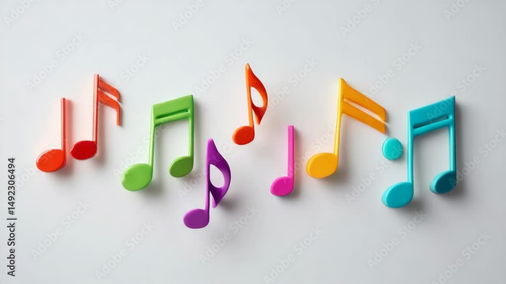 Poster colorful collection of musical notes are arranged in a row. the notes are of different colors and si