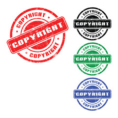 Obraz premium Copyright Grunge Rubber Stamp Icons in Red, Black, Green, and Blue on White Background