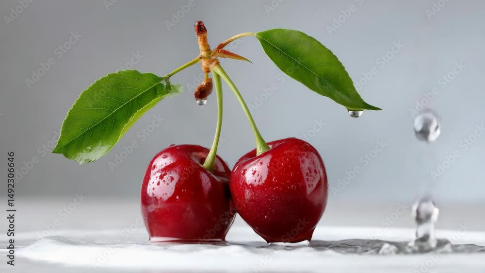 Poster two cherries are floating in water, with a leaf on top of one of them. the image has a playful and w