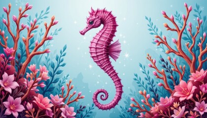Obraz premium Vibrant Tropical Seahorse Surrounded by Colorful Coral and Flora in Underwater Illustration