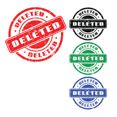 Deleted Grunge Circle Stamp Icon Set in Red, Black, Green, and Blue