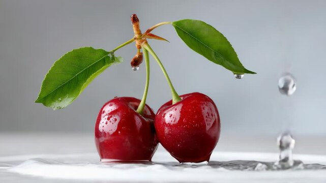 Two cherries are floating in water, with a leaf on top of one of them. The image has a playful and whimsical mood, as if the cherries are having fun in the water