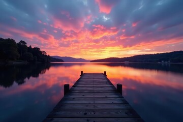 Obraz premium Peaceful lake at twilight, wooden pier, mirrored sky , pier, still
