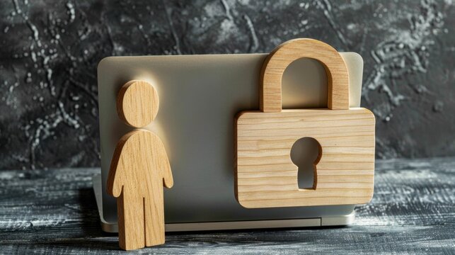 Cybersecurity: A wooden stick figure protecting a wooden laptop, with a lock symbol, symbolizing the need for strong cybersecurity to safeguard sensitive data from threats.
