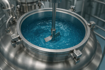 Pharmaceutical active ingredient mixing in stainless steel reactor with blue liquid swirling inside industrial equipment for api production process