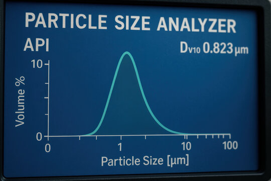 Particle size analyzer graph showing active pharmaceutical ingredient API volume percentage with particle size distribution and measurement data