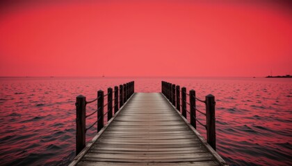Obraz premium Wooden Pier Extending Into Vibrant Red Ocean Under Dramatic Sunset Sky