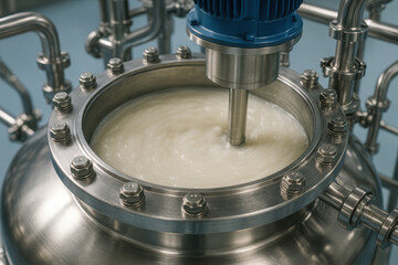Pharmaceutical active ingredient mixing in stainless steel reactor with industrial equipment for api production in manufacturing process