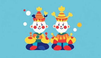 Naklejka premium Joyful twins playing with reversed traditional toys colorful flat design fun environment whimsical concept