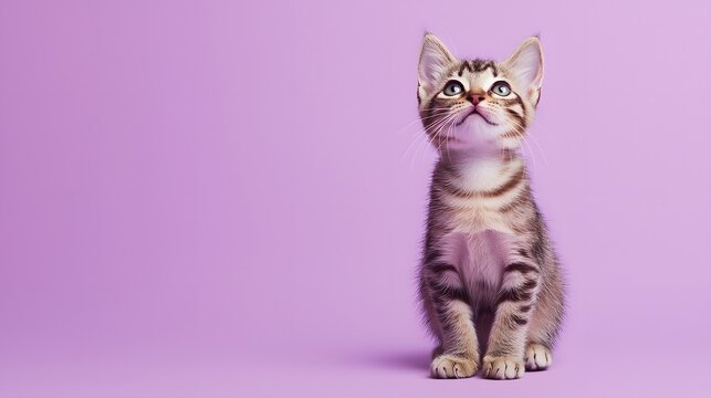 An adorable tabby kitten looks up hopefully against a pastel lavender background, as if anticipating a delicious cat treat in an enticing advertisement image.