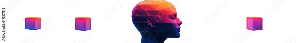 Wall mural digital wireframe profile of a human head with vibrant gradient colors surrounded by floating colorf