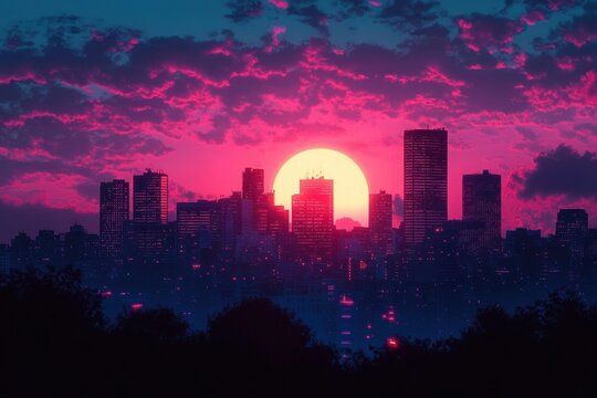 Vibrant sunset behind a city skyline with tall buildings silhouetted against a dramatic pink and purple sky, creating a striking urban atmosphere