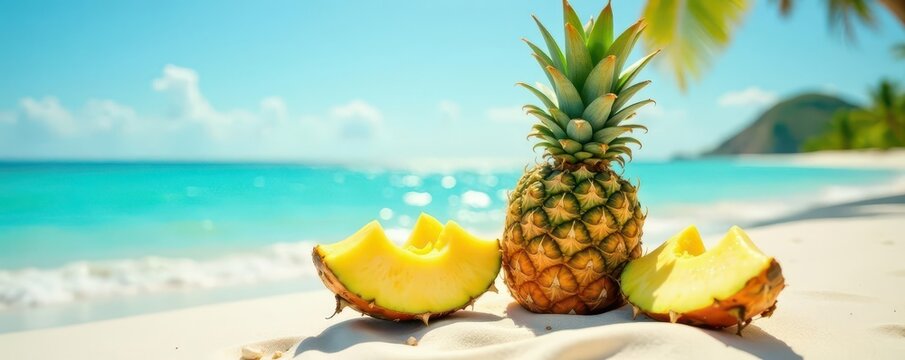 Sunny pineapple coconut pair, sun protection on , summertime, fruit, refreshing drink
