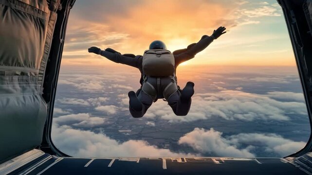 back view of man with skydiving jumping over sunset sky 