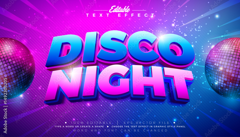 Poster disco night 3d text effect design editable and scalable vector music theme graphic style effect with