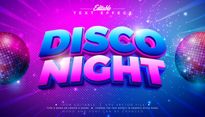 Disco Night 3D Text Effect Design Editable and Scalable Vector Music Theme Graphic Style Effect with Blue and Pink Typography Lettering with Shadow and Shiny Disco Ball on Striped Background. Premium