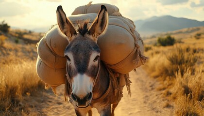 donkey carrying large heavy sacks on a dusty rural path at golden hour with dry grass and hills in the background