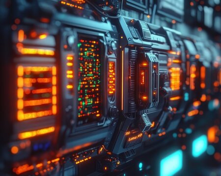 Close-up view of futuristic electronic control panels with glowing orange and blue lights indicating active data processing in a high-tech environment
