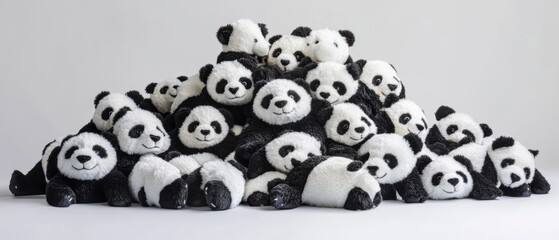 a pile of panda plush toys
