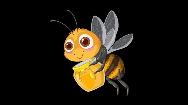 Cartoon bee flying with honey jar, 2D animation, transparent background, alpha channel.