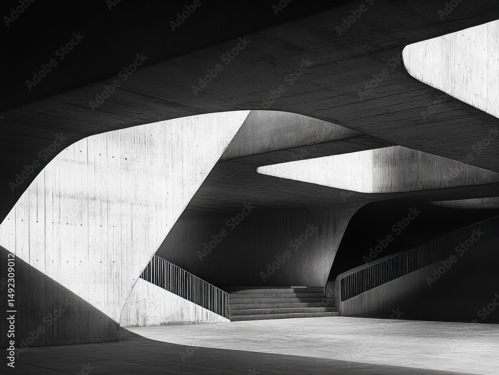 Poster abstract architectural space with curved concrete structures, stairs, and play of light and shadow c